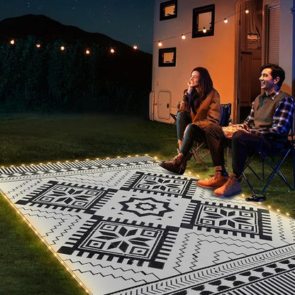 6x9ft Waterproof Outdoor Rug with LED Lights, Boho Reversible Plastic Straw Mat for Patio RV Camping Picnic Balcony Beach Deck Indoor Outdoor Carpet, Black&White