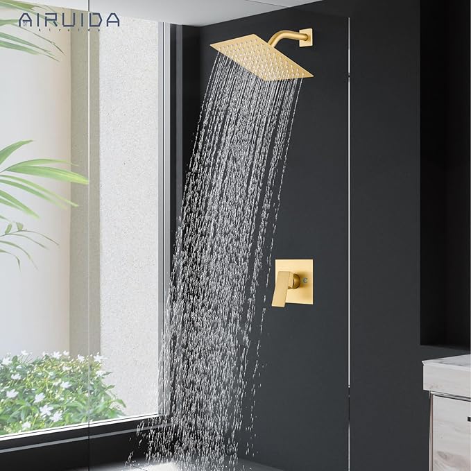 Airuida Shower Faucet Set Bathroom Rain Shower System SUS304 Stainless Steel Single Handle With Male Threads Rough-in Valve Shower Trim Kit 8 Inch Wall Mount Shower Head Brushed Gold