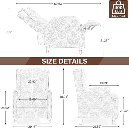 UIXE Floral Pushback Recliner Chair, Fabric Upholstered Armchair Push Back Accent Chair for Living Room, Rivet Trim Club Chair Home Theater Single Sofa Reading Seat - Bird