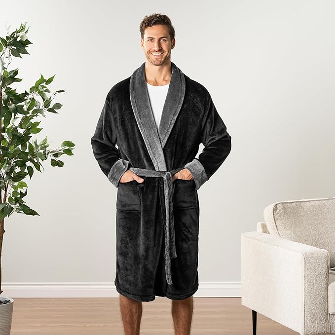 PAVILIA Mens Soft Robe | Warm Fleece Robes for Men, Soft Spa Bathrobe with Shawl Collar and Pockets