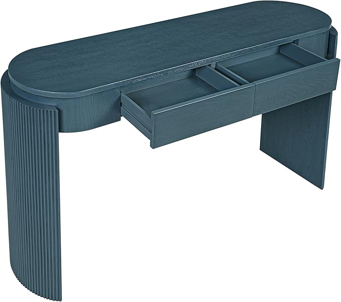 55" Sofa Table with Oval Top and 2 Drawers, Entryway Console Table with Fluted Design for Hallway,Foyer,Entry and Living Room (Fully Assembled-Navy)