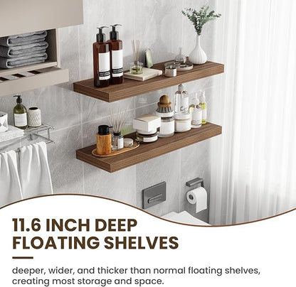 36 Inch Floating Shelves, 12 Inch Deep Floating Shelves for Wall, Floating Shelf with Invisible Brackets, Deep Shelves for Bathroom, Bedroom, Living Room, 2 Pack, Walnut