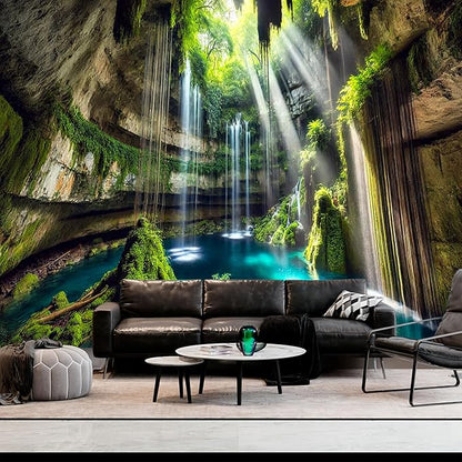 BSFHH Nature Tapestry Forest Tree Sea Cave Wall Hanging, Stream Through Rainforest Landscape Wall Art Tapestry for Bedroom Living room (Fall, 90"×70", Unframed)