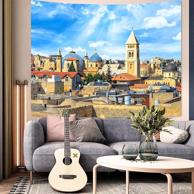 AMM Western Wall Tapestry Jerusalem Old City Church Tapestry for Bedroom Aesthetic Mediterranean Landscape Tapestries Wall Hanging for Living Room Dorm Office 80 x 60 Inch
