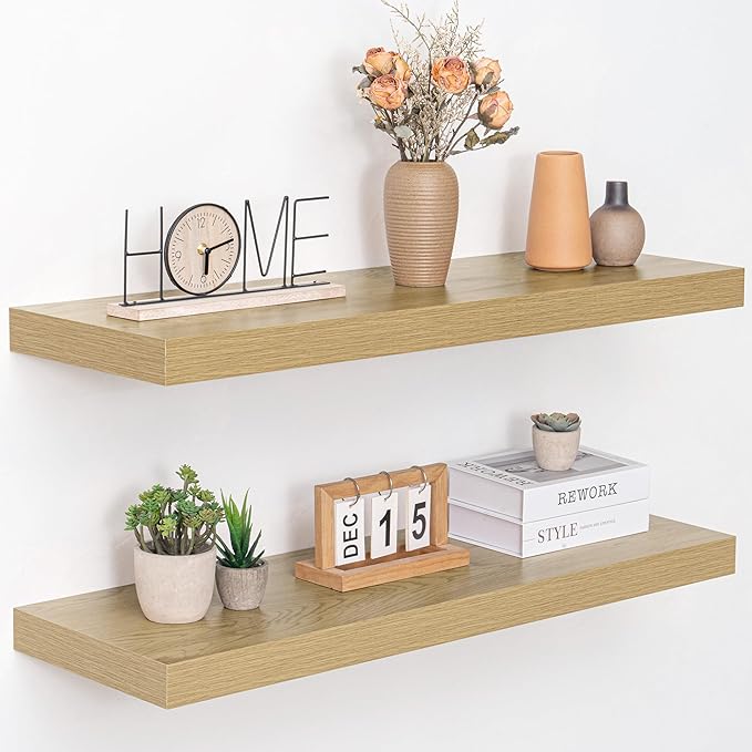 36 Inch Floating Shelves, 12" Deep Floating Shelf Wall Mounted, 36" Wall Shelves, Rustic Deep Bookshelf, Extra Deeper & Thicker Display Shelves for Bedroom, Living Room, Oak, Set of 2