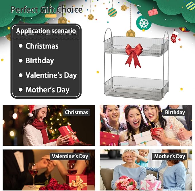 Bathroom Counter Organizer - Countertop Storage, Cosmetics & Skincare Shelf, Makeup Organizer, Perfume Tray, Spice Rack for Kitchen (2 Tier - Grey)