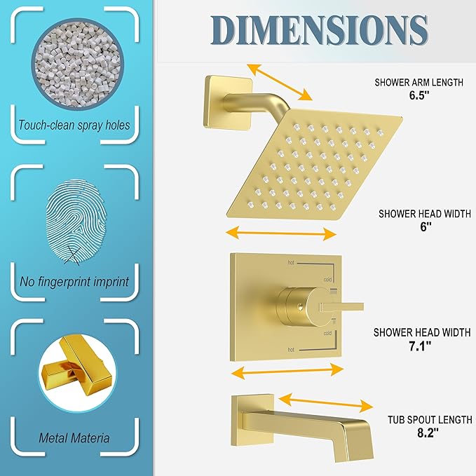 Brushed Gold Shower Fixtues, Tub and Shower Faucet Set Combo with 6 Inch Gold Shower Head and Tub Spout, Gold Shower Head and Handle Set (Valve Included)