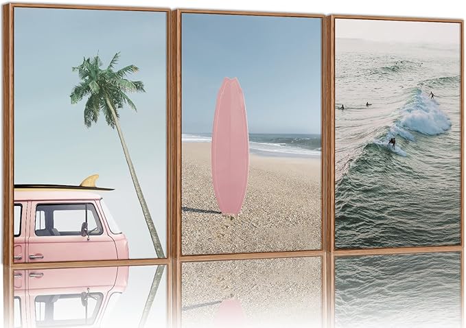 Tinonedraw Large Ocean Beach Framed Canvas Wall Art, Summer Coastal Surfboard Wall Decor, Palm Tree Pink Car Artwork, Modern Surfing Seascape Art Prints for Living Room Bedroom Office 24"x36"x3