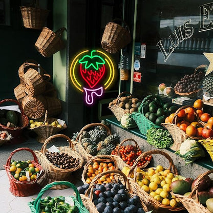 Strawberry Neon Sign USB Powered Sweet Fruit Led Light Up Sign Dimmable Funny Neon Light Wall Decoration for Home Kitchen Fruit Market Dessert Shop Farmhouse Restaurants