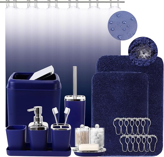 24PC Navy Blue Bathroom Set with Shower Curtain and Rugs, Blue Bathroom Sets Complete with Trash Can,Soap Dispenser,Soap Dish,Toilet Brush,Toothbrush Holder and Cup,Tray,Q-Tip Holders