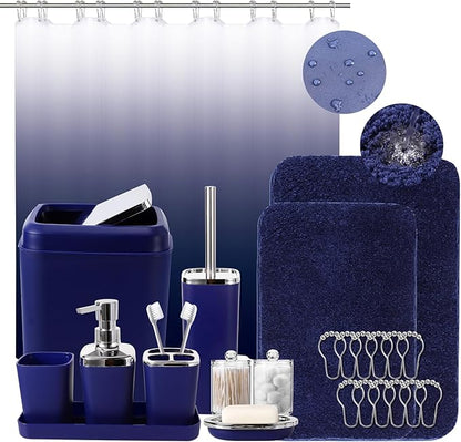 24PC Navy Blue Bathroom Set with Shower Curtain and Rugs, Blue Bathroom Sets Complete with Trash Can,Soap Dispenser,Soap Dish,Toilet Brush,Toothbrush Holder and Cup,Tray,Q-Tip Holders