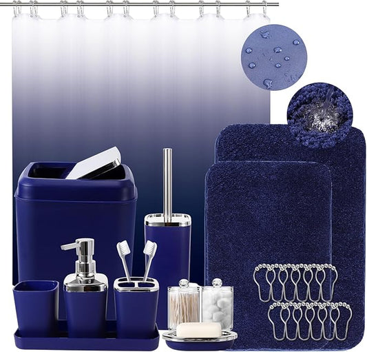 24PC Navy Blue Bathroom Set with Shower Curtain and Rugs, Blue Bathroom Sets Complete with Trash Can,Soap Dispenser,Soap Dish,Toilet Brush,Toothbrush Holder and Cup,Tray,Q-Tip Holders