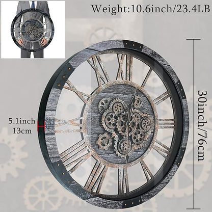 30 Inch Industrial Steampunk Wall Clock, Gray, Battery Operated, Real Rotating Gears, Solid Wood Frame, Oversized Wall Clock for Living Room Decor