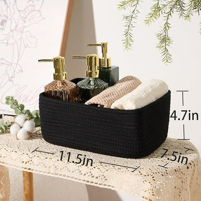 Small Storage Baskets for Organizing | Closet Organizer Bins | Shelf Toy Basket | Woven Rope Baskets | Cube Decorative Box | Shallow Basket | 11.5x7.5x4.7” | 3 Packs Black