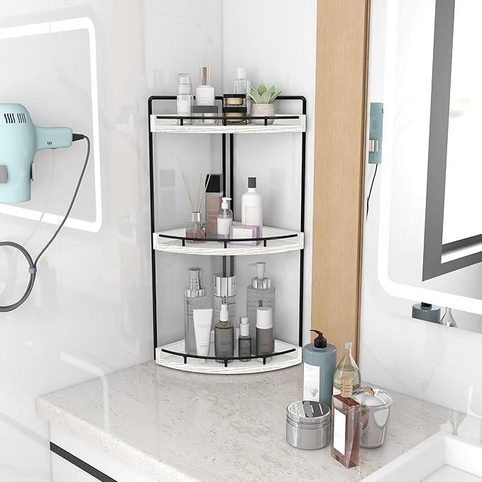 Dorhors 3-Tier Corner Bathroom Organizer Countertop for Storage,Vanity Tray,Wood Counter Organizer for Kitchen,Bathroom,Dresser (Rustic White)