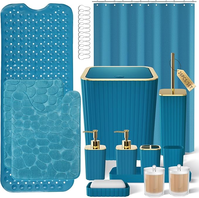 26PC Bathroom Accessories Set - Gorgeous Teal Bathroom Set, Bathroom Accessory Set, Shower Curtain Set with Bathtub Mats for Shower Tub,Trash Can & Soap Dispenser