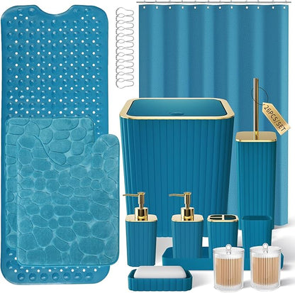26PC Bathroom Accessories Set - Gorgeous Teal Bathroom Set, Bathroom Accessory Set, Shower Curtain Set with Bathtub Mats for Shower Tub,Trash Can & Soap Dispenser