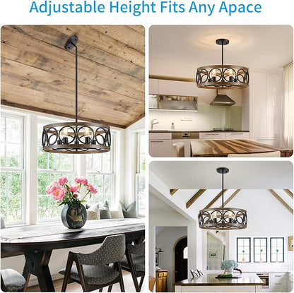 XINGQI 21.7'' Modern Chandelier, Farmhouse Drum Chandeliers for Dining Room Living Room Bedroom 5-Light Pendant Lighting Round Black Metal Antique Wood Grain Finish Adjustable