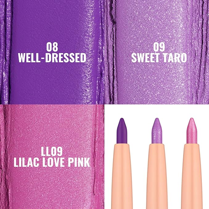 Oulac Waterproof Eyeliner Pencil Set - Smooth and Creamy, Retractable Eye Makeup for Precision Application, Vegan & Cruelty-Free, 08 Well-dressed+09 Sweet Taro+LL09 Lilac Love Pink