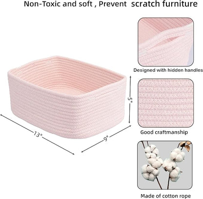 Small Woven Storage Baskets 13“X9”X5“ Decorative Rope Bins for Organizing Shelves, Closets, and Toys, Empty Gift Baskets, Cute Organizer Basket for Home and Office (pink, Large)