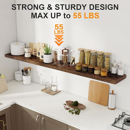 72 Inch Floating Shelves, 8 Inch Deep Floating Shelf, Large Shelves with Invisible Bracket for Books|Storage, Rustic Wood Wall Shelf for Bedroom, Kitchen, Living Room, Rustic Brown