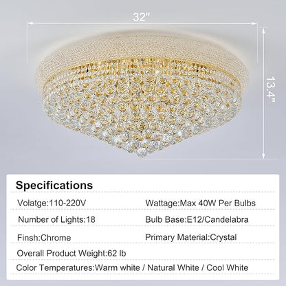18-Light 32 inch Large Crystal Chandelier Flush Mount Ceiling Light Fixture for Living Room Dining Room Bedroom Foyer Entryway Gold Finish