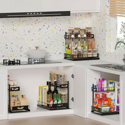 Under Sink Organizer with Pull-Out Drawers,Kitchen Sink Organizer,2 Tier Bathroom Organizers And Storage,Bathroom Accessories Set,Black 1 Pack