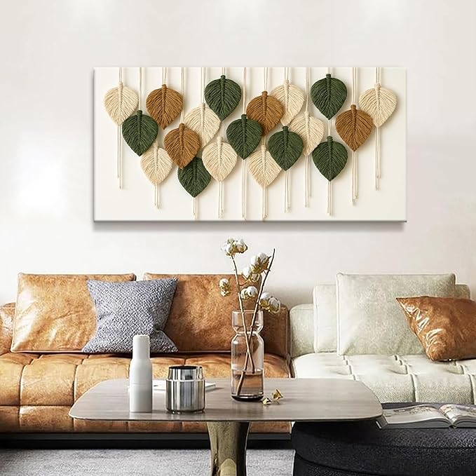 Boho Wall Art Chic Home Wall Art Modern Multicolor Leaves Feather Canvas Wall Art Decor For Living Room Bedroom Apartment Kitchen 24"W X 48"L Ready To Hanging