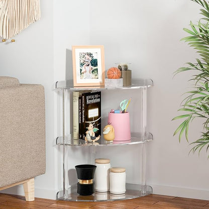 3 Tier Acrylic Corner Shelf Organizer Storage 9.5x9.5x15.7 Inch, Transparent Countertop Corner Shelf for Bathroom, Kitchen, Bedroom, Office, Study Room