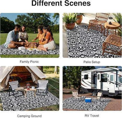OLANLY Outdoor Rug Waterproof 5x8 ft Clearance, Reversible Outdoor Plastic Straw Rug with Floral Pattern, RV Mat for Patio, Camping, Balcony, Deck, Backyard, Black & White