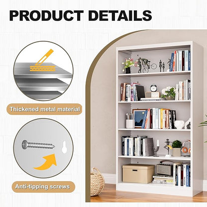 White Bookshelf, 55” Adjustable Tall Metal Bookshelf, 5-Tier Wide Bookshelf with Anti-Tilt Device, Modern Book Cases and Book Shelves for Bedroom, Living Room, Playroom, Study