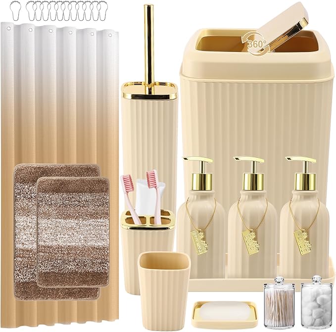 32PCS Bathroom Set Bathroom Sets with Shower Curtain and Rugs Beige Bathroom Accessories,Shower Curtain Set,Bathroom Rug Set with Bathroom Trash Can
