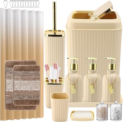 32PCS Bathroom Set Bathroom Sets with Shower Curtain and Rugs Beige Bathroom Accessories,Shower Curtain Set,Bathroom Rug Set with Bathroom Trash Can