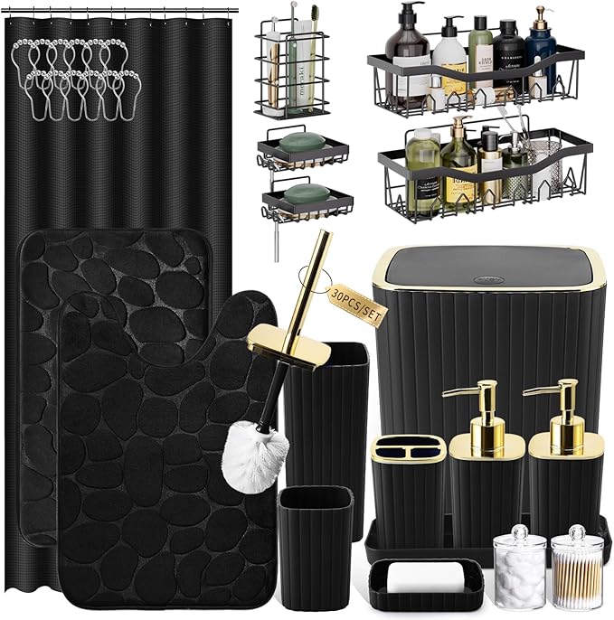 30PC Bathroom Accessories Set - Gorgeous Black Bathroom Set, Bathroom Accessory Set, Black Shower Curtain Set with Shower Caddies