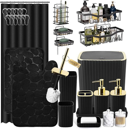 30PC Bathroom Accessories Set - Gorgeous Black Bathroom Set, Bathroom Accessory Set, Black Shower Curtain Set with Shower Caddies