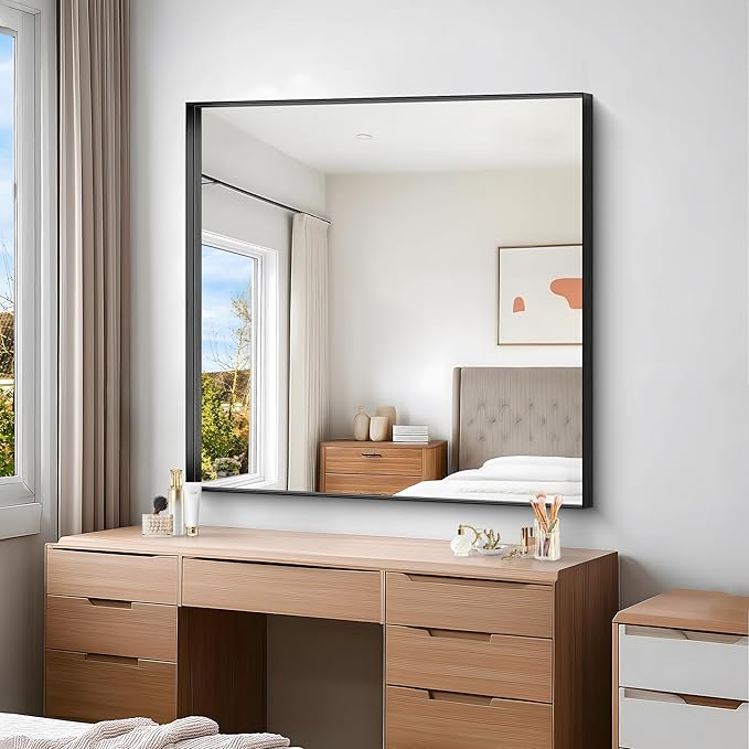 Black Bathroom Mirror, 42x42 Inch Rectangular Framed Mirror, Large Wall Mounted Bathroom Vanity Mirror Over Sink for Bedroom,Restroom, Living Room, Hangs Vertically or Horizontally