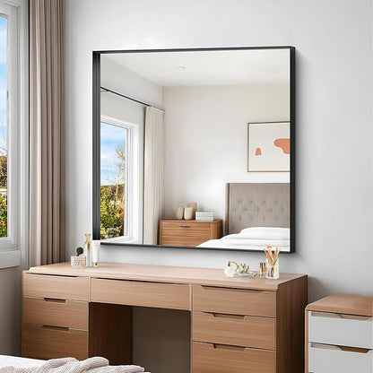 Black Bathroom Mirror, 42x42 Inch Rectangular Framed Mirror, Large Wall Mounted Bathroom Vanity Mirror Over Sink for Bedroom,Restroom, Living Room, Hangs Vertically or Horizontally