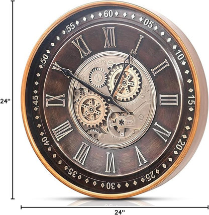 CLXEAST 24 Inch Wall Clock with Moving Gears,Oversized Large Industrial Steampunk Clock, Antique Gold Metal Roman Numeral Wall Clocks for Farmhouse Living Room Decor
