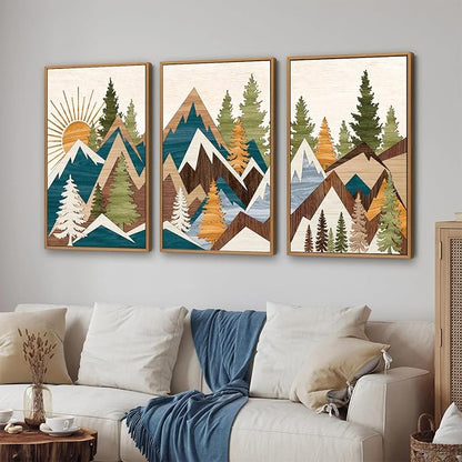 Tinonedraw Large Metal Mountain Framed Canvas Wall Art, Boho Rustic Sunrise Forest Wall Decor, 3 Piece Modern Nature Artwork, Vintage Wilderness Art Print for Living Room Bedroom Office 24"x36"x3