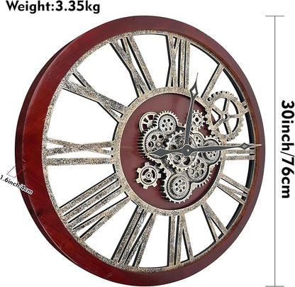 The B-Style Large Real Moving Gears Wall Clock 30 inch Rustic Retro Industrial Farmhouse Wood Clock Oversized Decorative Vintage Wall Clocks for Living Room (Black walunt Wood and Bronze)