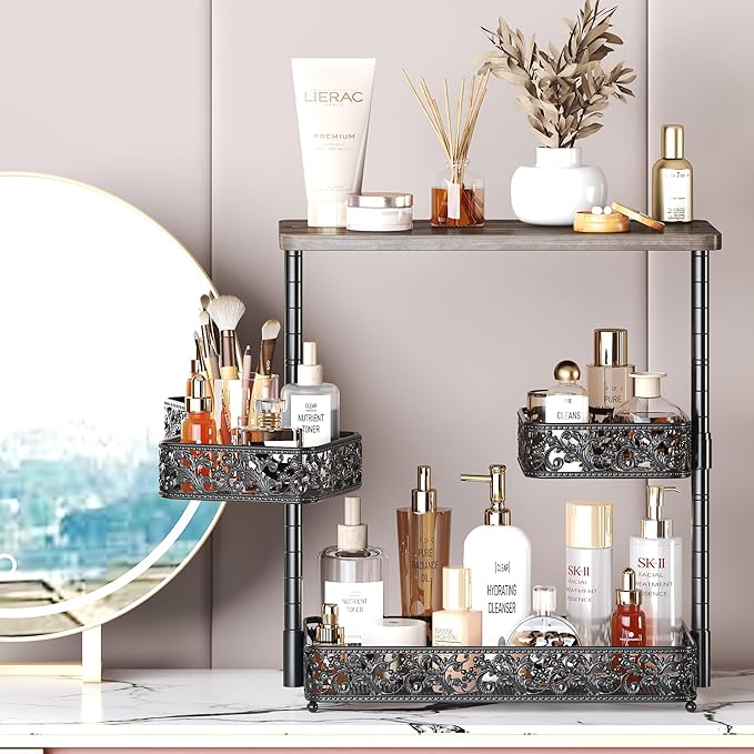 3 Tier Storage Organizer Countertop,Bathroom Sink Organizer Countertop with Two Rotating 360° Metal Baskets for Bathroom Kitchen Dresser Bedroom Office Spice Rack Perfume Toiletries Makeup (Black)