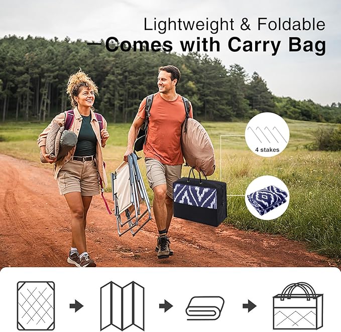 OLANLY Outdoor Rug 6x9 ft Waterproof, Outdoor Plastic Straw Rug with Geometric Pattern Clearance, Reversible RV Mat for Patio, Camping, Balcony, Deck, Backyard, Navy & White