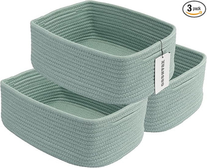 Small Woven Storage Baskets 12“X8”X5“ Decorative Rope Bins for Organizing Shelves, Closets, and Toys, Empty Gift Baskets, Cute Organizer Basket for Home and Office (green, regular)