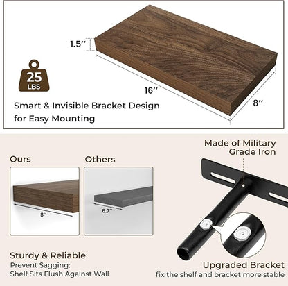RICHFOCUS 16Inch Floating Shelves for Wall 2 Pack Shelves for Bedroom|Kitchen|Bathroom Wall Mounted Rustic Wood Floating Shelf with Invisible Brackets for Books|Storage|Decor, Walnut