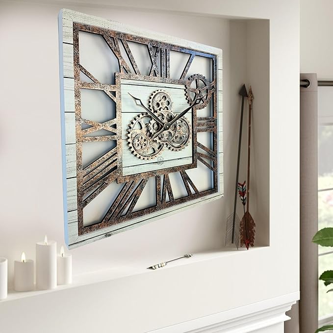 The Gears Clock 24'' Inch Square Real Moving Gear Wall Clock Vintage Industrial Oversized Rustic Farmhouse (White Farmhouse)