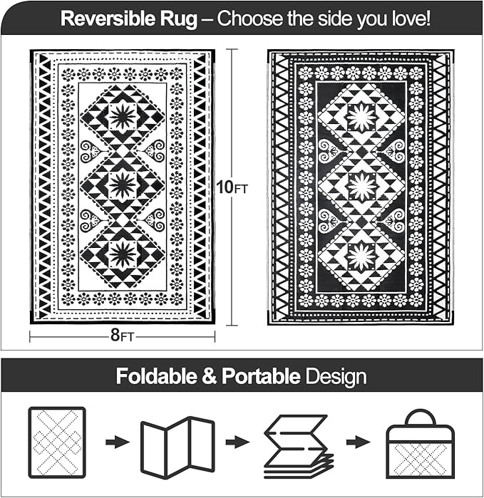 Waterproof Outdoor Rug 8x10ft, Reversible Plastic Straw Mat Rugs for Patio RV Deck Porch Backyard Balcony Camping Picnic Beach Indoor Outdoor Carpet, Black&White