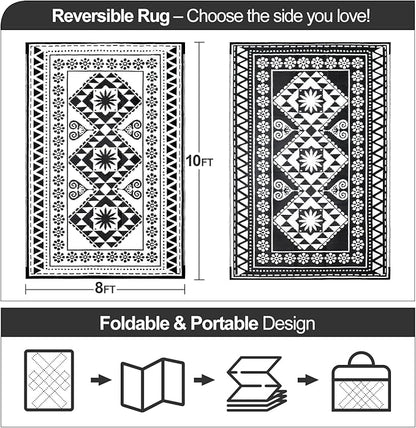 Waterproof Outdoor Rug 8x10ft, Reversible Plastic Straw Mat Rugs for Patio RV Deck Porch Backyard Balcony Camping Picnic Beach Indoor Outdoor Carpet, Black&White