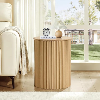 AVZEAR Fluted Round Side Table, Small End Table Modern Boho Nightstands, Circle Bedside Tables Bohemian Accent Table Wood Night Stand for Small Spaces, Living Room, Bedroom(Natural)