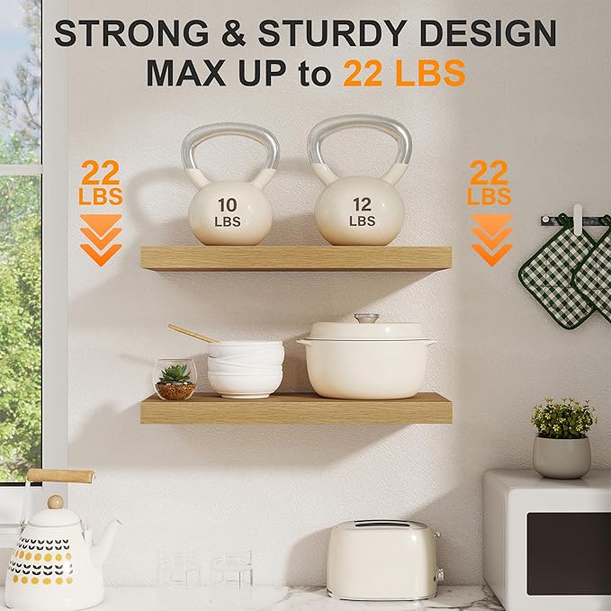 Floating Shelves for Wall, 22.5"W x 8"D Wall Shelf, Rustic Wood Floating Shelf 22.5 Inch Long, Bathroom Shelves Set of 2, 8 Inch Deep Floating Shelves for Living Room, Bedroom, Kitchen, Oak Color