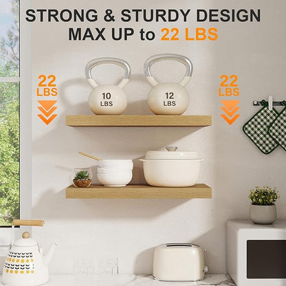 Floating Shelves for Wall, 22.5"W x 8"D Wall Shelf, Rustic Wood Floating Shelf 22.5 Inch Long, Bathroom Shelves Set of 2, 8 Inch Deep Floating Shelves for Living Room, Bedroom, Kitchen, Oak Color